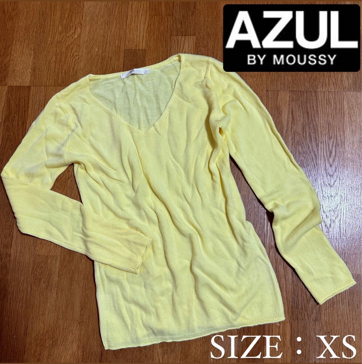 【アズール】薄手 ニット Vネック カットソー イエロー XS拍卖