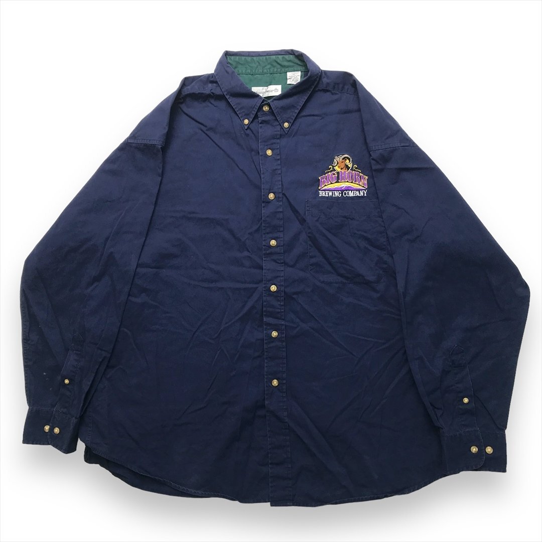 シャツ 長袖 ネイビー 古着 メンズ XL 企業 刺繍プリント ビッグホーン拍卖