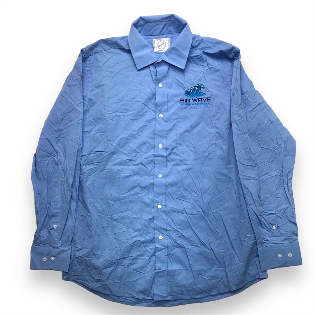 シャツ 長袖 ブルー 古着 メンズ XL 企業 刺繍プリント ワークシャツ クリーニング済み拍卖