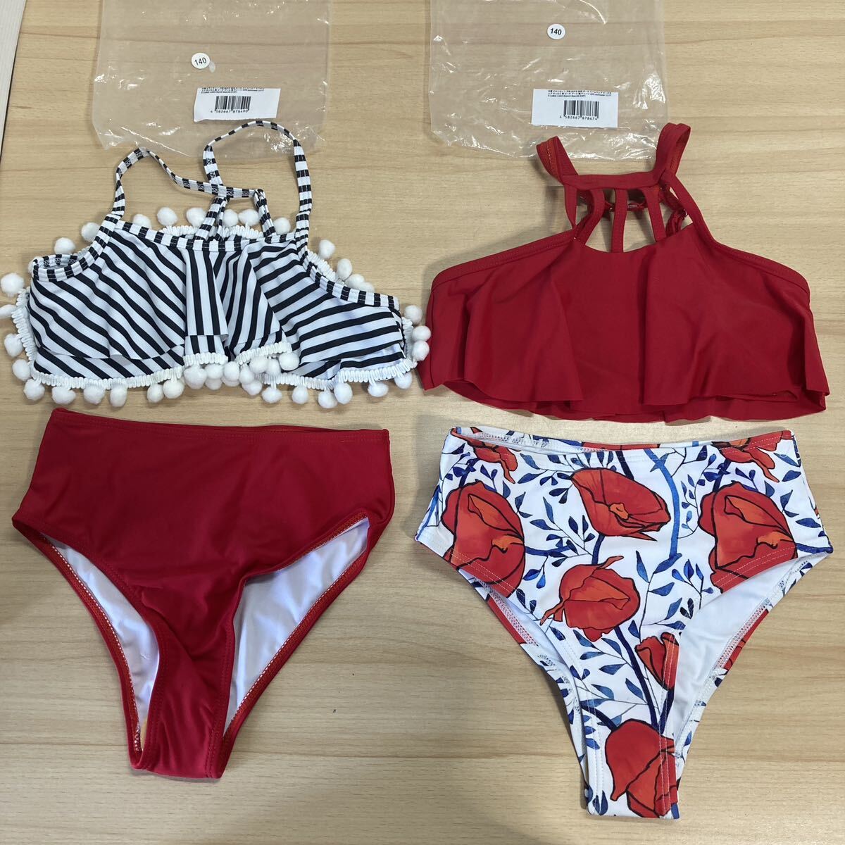 新品 ビキニ ストライプ水着 ハイウエスト フリル タッセル ビーチウェア ストライプ 花柄 レッド ボンボン 2点セット 女児 104cm(169)拍卖