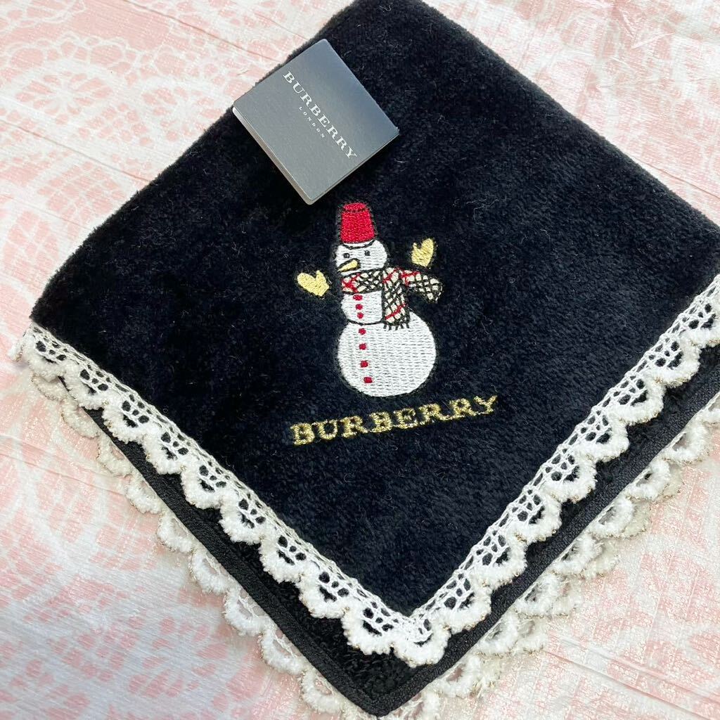 レア/新品/BURBERRY/タオルハンカチ/正規品/バーバリー/綿100%/未使用/即決/ブランド/ハンドタオル/レディース/日本製/雪だるま/黒/レース拍卖