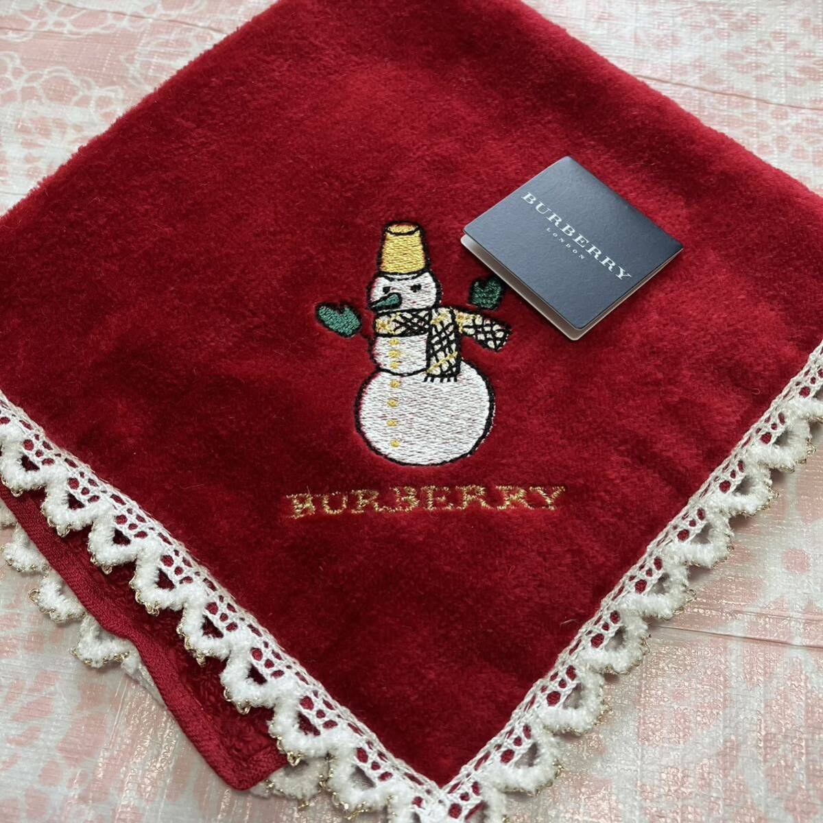 レア/新品/BURBERRY/タオルハンカチ/正規品/バーバリー/綿100%/未使用/即決/ブランド/ハンドタオル/レディース/日本製/雪だるま/赤/レース拍卖