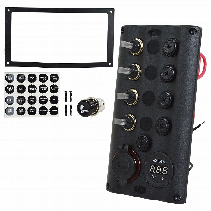 船 シガーライター&電圧表示付4連 ロッカースイッチ 防水 DC12V ヨット ボートバッテリー切替スイッチ 黒 パネルスイッチ拍卖