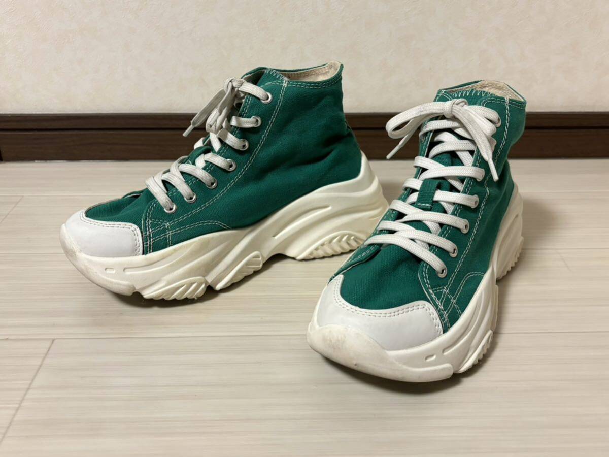● レディース ハイカット ダッドスニーカー ボリュームスニーカー グリーンカラー 緑色 キャンバス コットン 軽量 Lサイズ 24.0cm 37拍卖