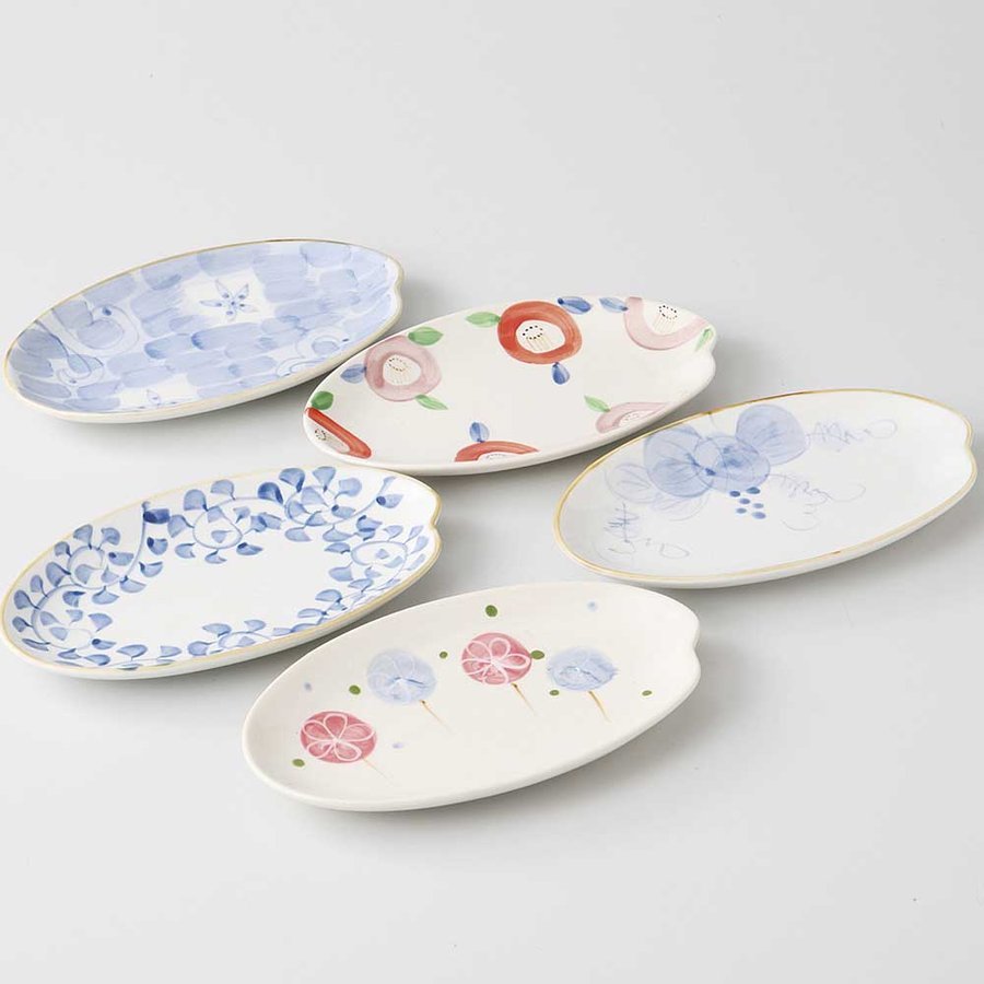 プレート! ☆染付五彩・長皿揃☆ V4090-6 新品 鉢 盛鉢 高台皿 焼物皿 箸 中皿 大皿 盛皿 デザート皿 サラダ皿 ギフト拍卖