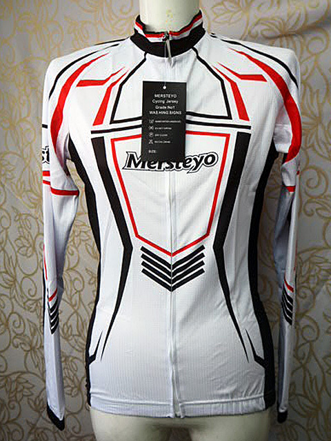 未使用 No10男女兼用S Mersteyo サイクルジャージ上下ホワイト/レッド/ブラック ウェアー長袖・サイクルパンツ/スパッツ・240402拍卖