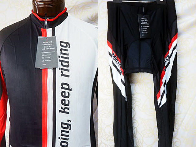 未使用 No12男女兼用L Mersteyo サイクルジャージ上下ブラック/ホワイト/レッド ウェアー長袖・サイクルパンツ/スパッツ・240402拍卖