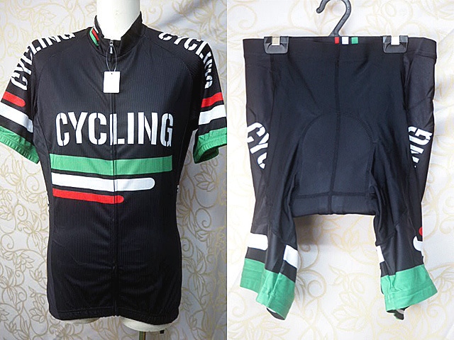 SNo-9男女兼用L Mersteyo CYCLING 半袖サイクルジャージ上下 ブラック/ホワイト/グリーン・サイクルパンツ・240404拍卖