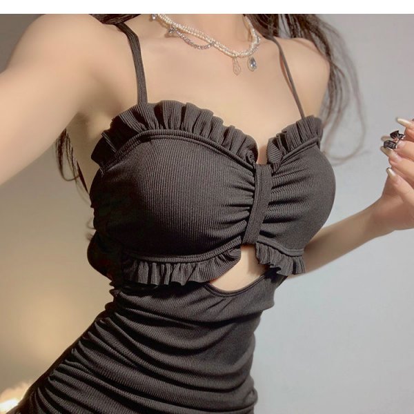 M 黒 フリル リボン シフォン 体型カバー リブニット ワンピース 水着 レース オフショルダー 韓国 ハイウエスト ワンピース シアー拍卖