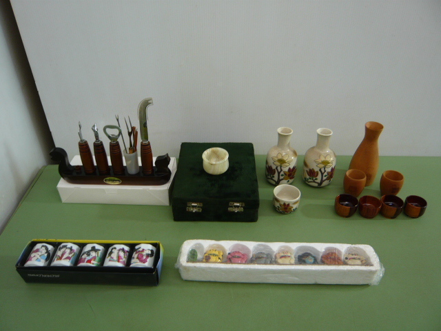 B516◆酒器 まとめ 栓抜きセット 天然石 ぐいのみ 徳利 木製 お猪口 徳利お猪口 猫の置物 14点セット◆未使用、中古◆Z拍卖