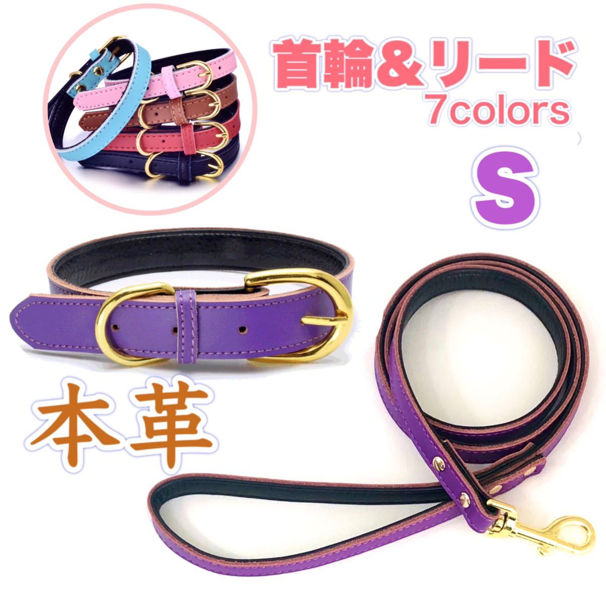 犬 首輪 リード セット 本革 おしゃれ 犬首輪 ゴールド 小型犬 S 高級 パープル 紫 お揃い お出かけ かわいい拍卖