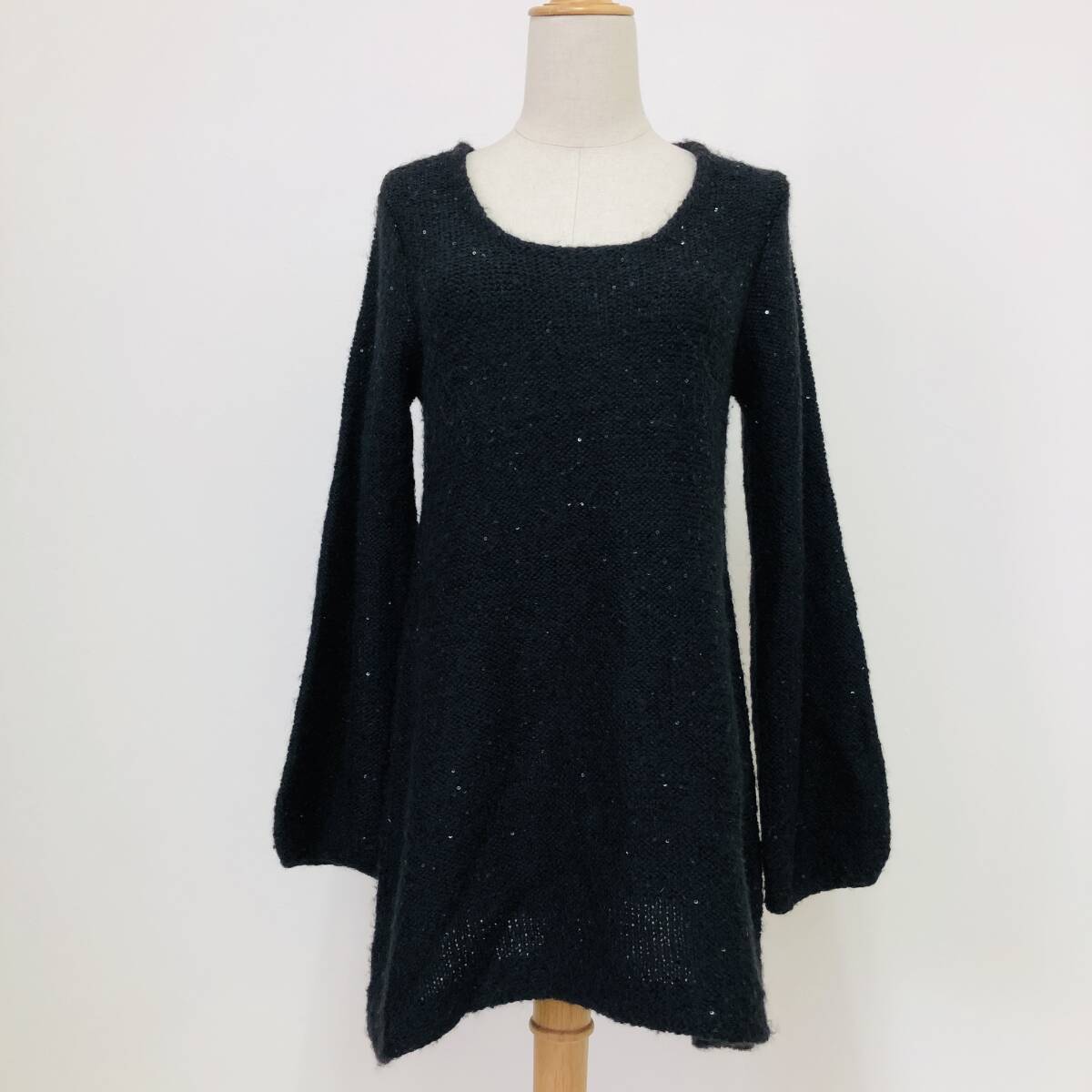 a04036 George. ニット チュニック 長袖 羊毛混 モヘヤ混 スパンコール 秋 冬 L 黒 レディース フェミニン 上品 エレガントガーリーチック拍卖