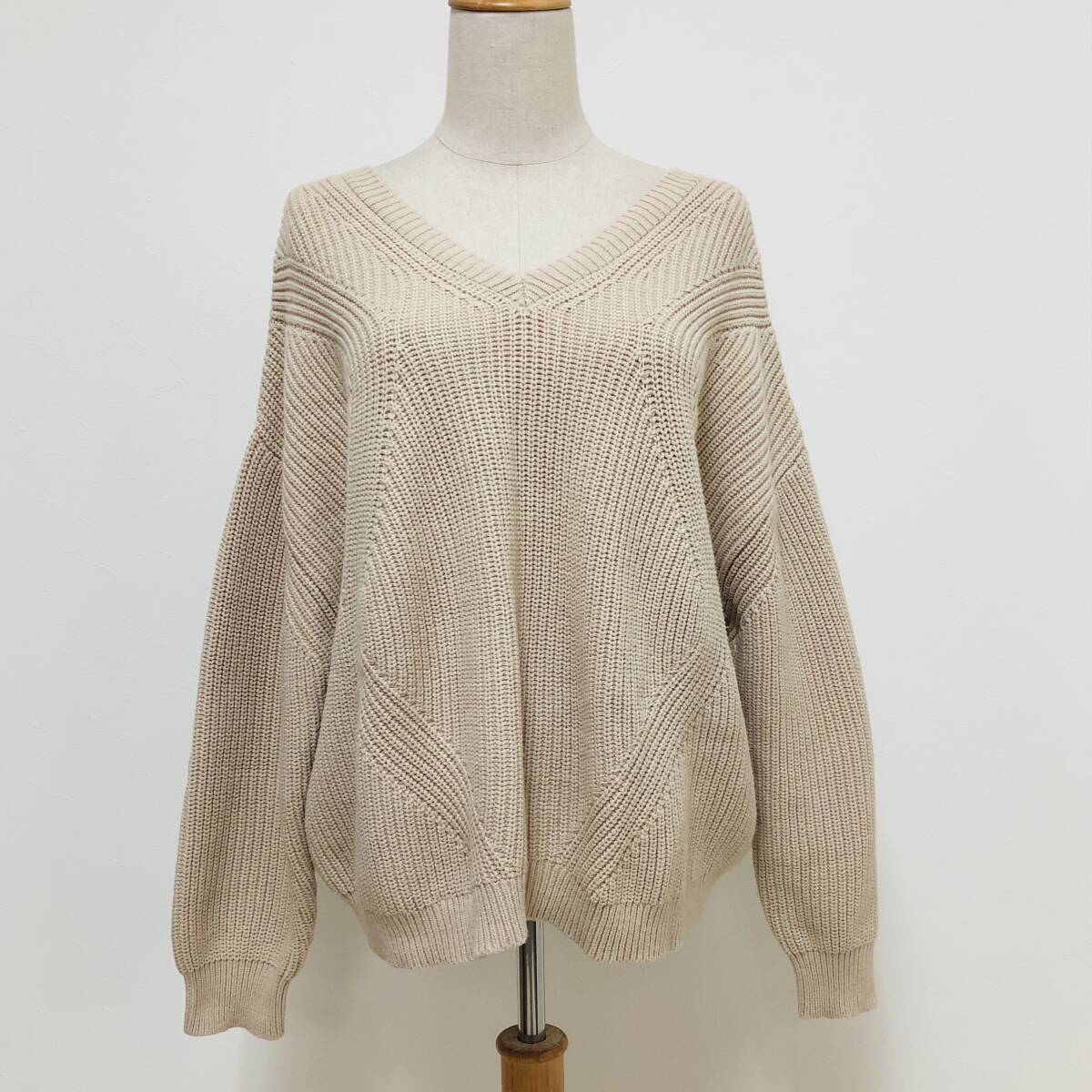 a04068 one way ワンウェイ ニット 長袖 Vネック コットン混 秋 冬 M ベージュ レディース 万能 ナチュラル ベーシックカジュアルスタイル拍卖