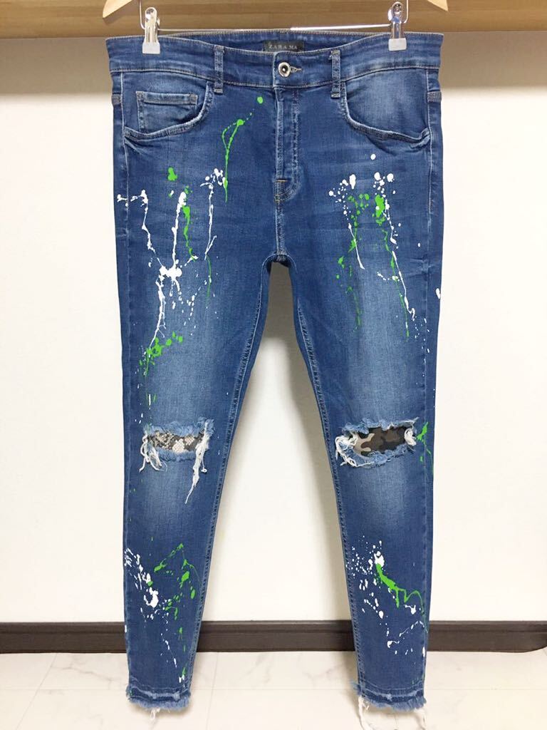 柔らかめ 春夏用 ZARA MAN 迷彩 ヘビ柄 リペア スキニー デニム 送料230円 42 32 ストレッチ バイカー カモ メンズ ジーンズ パンツ拍卖