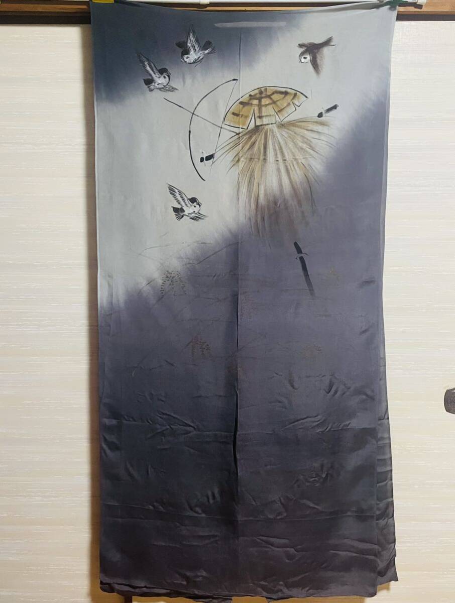 アンティーク正絹案山子・雀図柄ハギレ 145cmx70cm拍卖