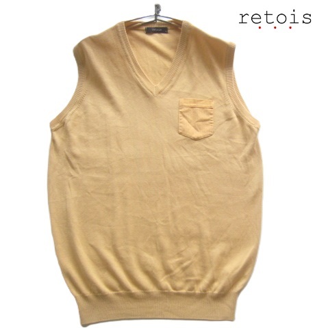 極上イタリア製!!レトア retois*胸ポケット付き Vネック コットンニットベスト 実寸M マスタード レトワ拍卖