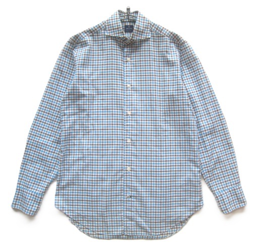 極上イタリア製!!トゥルッツィ TRUZZI*セミワイドカラー 美シルエット チェック柄ドレスシャツ 38-15 実寸M 白×茶×水色拍卖