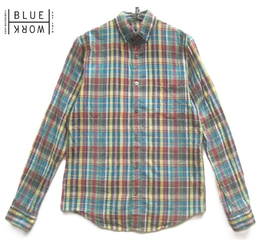 美品日本製!!トゥモローランド ブルーワーク TOMORROWLAND BLUE WORK*マドラスチェック柄隠しボタンダウンシャツ 1 S 拍卖