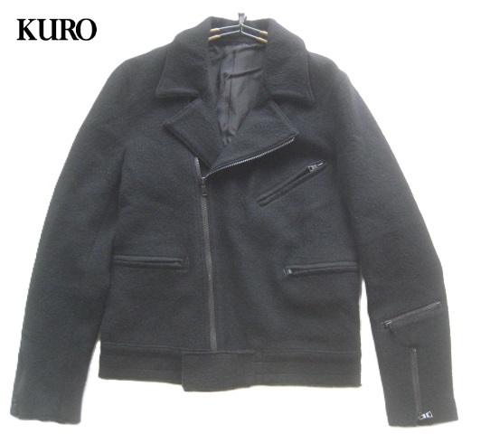 美品4万!!クロ KURO*圧縮ウールニット ダブルライダースジャケット 1 実寸S ブラック 黒 日本製拍卖