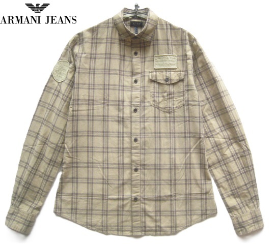 美品!!アルマーニ ジーンズ ARMANI JEANS*ロゴ刺繍・ワッペン付き チェック柄長袖シャツ S カーキベージュ GIORGIO ARMANI拍卖