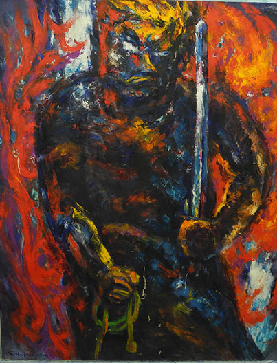 【発送不可・店頭受取】北村世志夫 不動明王 洋画 油彩 油絵 100号 木枠張りキャンバス キャンバスに油彩 額縁無し 左手に剣拍卖