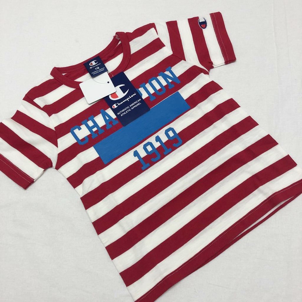 新品10747 CHAMPIONチャンピオン 110cm 赤ボーダー半袖Tシャツ キッズ拍卖