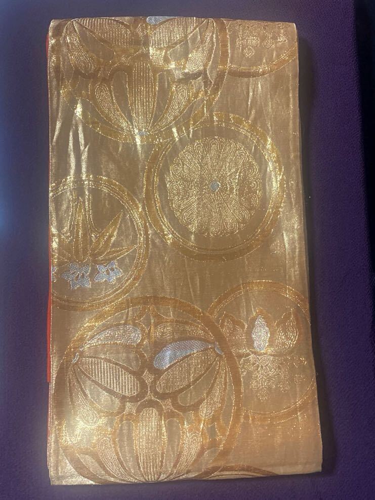 着物帯 リメイク生地 表金色/裏オレンジ色 和装小物袋帯 ハンドメイド ペーストリー テーブルコーディネート 金彩 帯拍卖