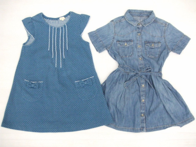 【お買得!】★青系半袖ワンピース120サイズ2点セット★①HusHusH/ドット柄 ②GAP KIDS/デニム拍卖