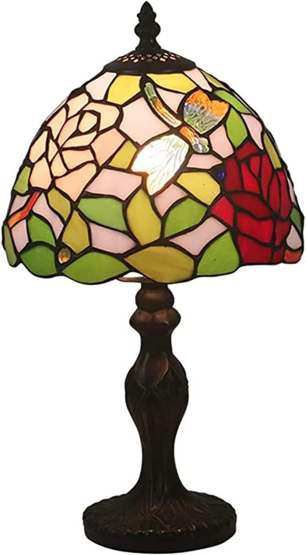 Byeeee ステンドグラスランプ ティファニー ステンドランプ ベッドサイド ベッドライト プレゼント 卓上 照明 薔薇 蜻蛉 LED対応拍卖