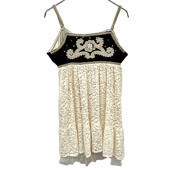 【新品】axes femme 花柄レース ビーズ チュニック ベロア 微起毛 肩紐 綿×アクリル M アイボリー 生成り色×茶×ゴールド レディース拍卖