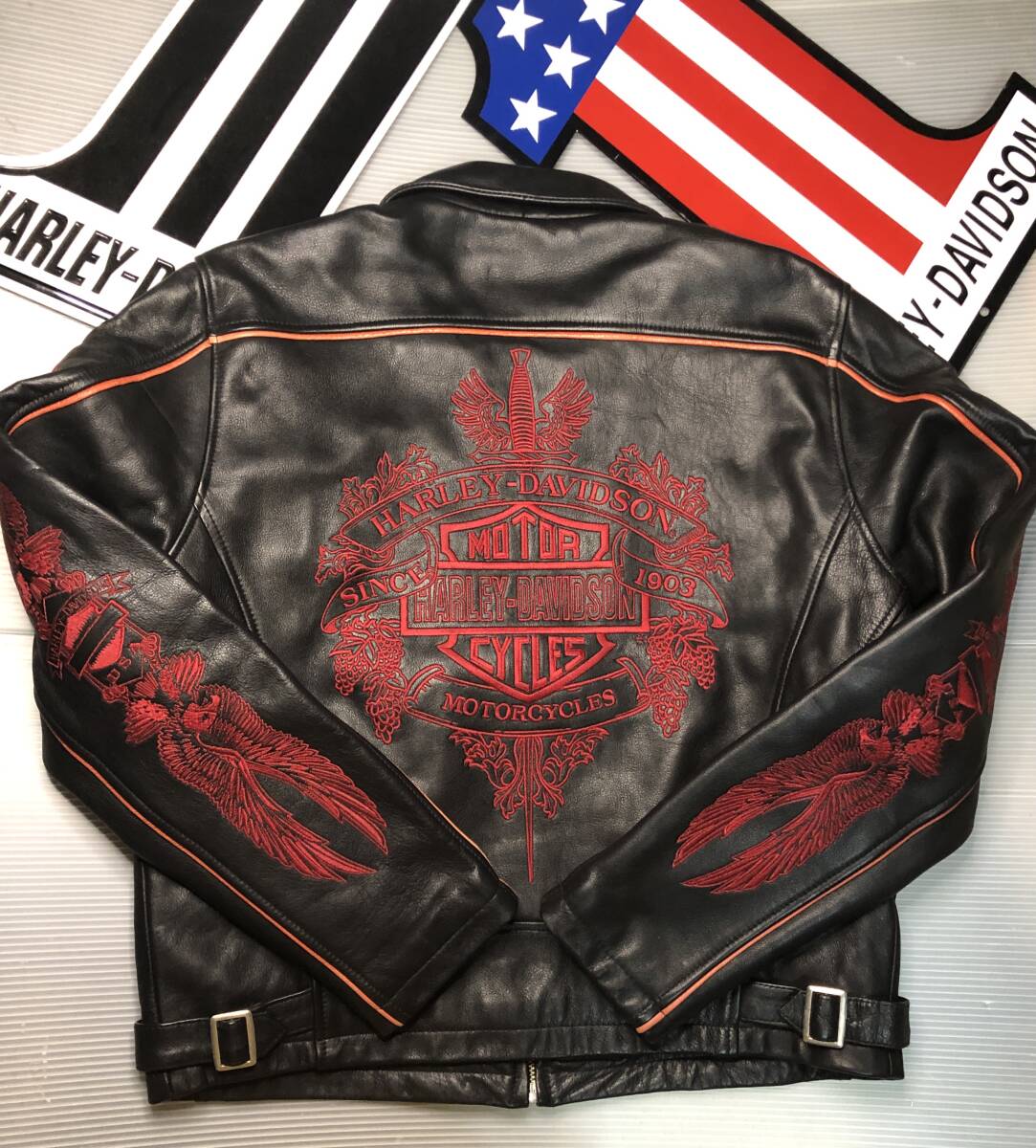 【稀少!金赤糸刺繍&レッド・カラーパイピング・限定品!】ハーレーダビッドソン 厚みのある羊革ゴート・スキン・レザー・ジャケット拍卖