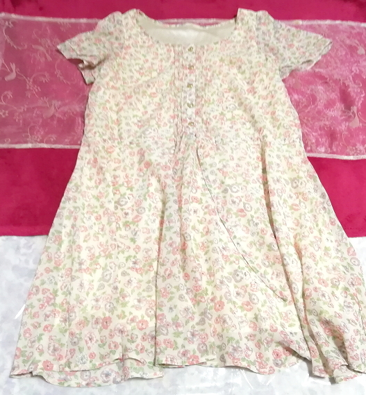 淡いピンク花柄シフォン綺麗ボタンネグリジェ半袖チュニックワンピース Pale pink floral pattern chiffon negligee tunic dress拍卖
