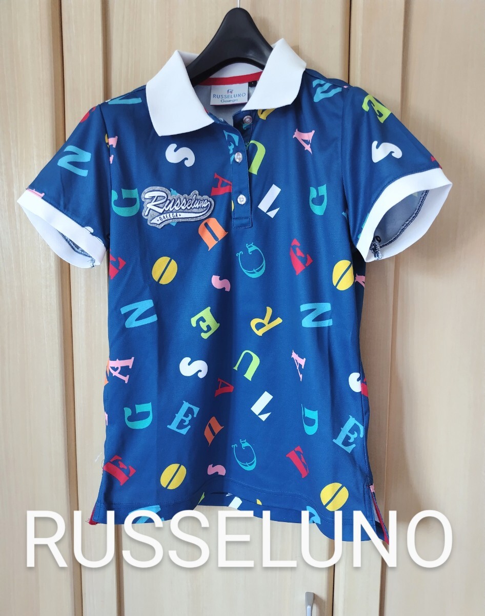 RUSSELUNO レディース1 ラッセルノ ゴルフ 半袖 ポロシャツ ネイビー M相当 正規品 アルファベット総柄拍卖