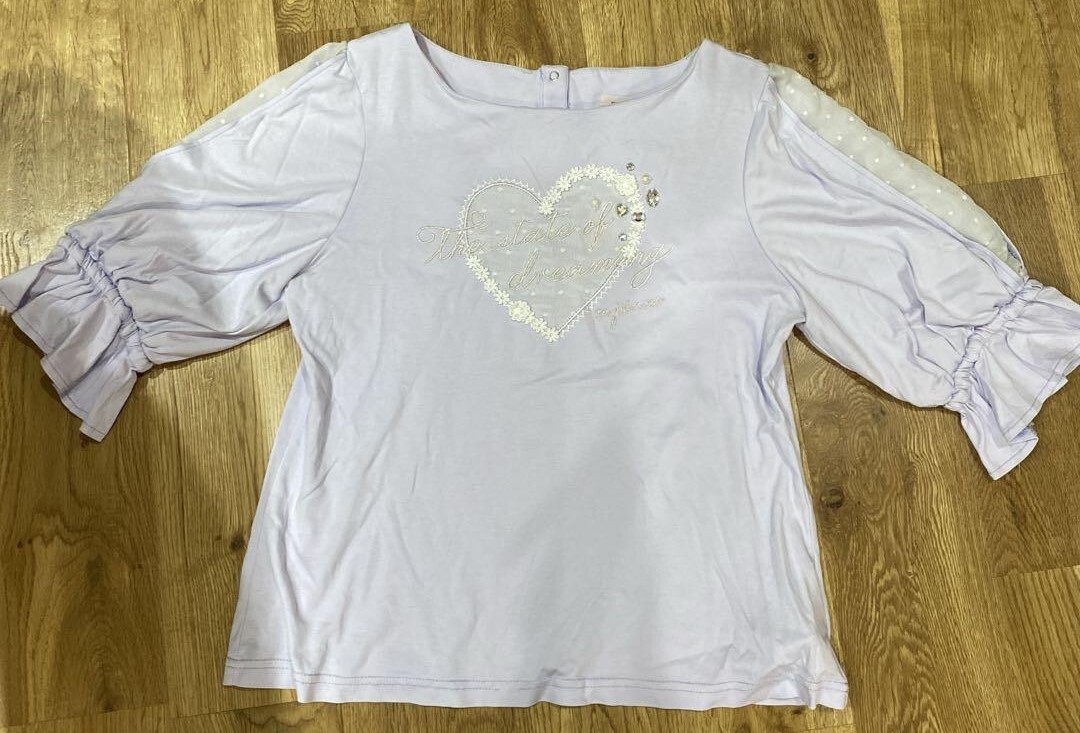 ★メゾピアノ★ジュニア★パープル★半袖ボリューム★フリル★カットソー★100%棉★半袖Tシャツ★サイズM 150拍卖