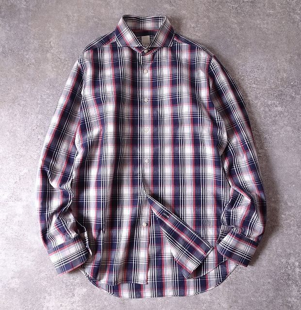 CIT LUXURY チット ラグジュアリー 長袖 チェックシャツ コットン ホリゾンタルカラー カッタウェイ メンズ (38/15) ネイビー系 ●r-080拍卖