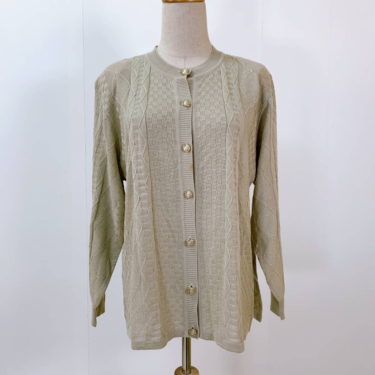 YH0455 STAGE3 レディース 長袖カーディガン 肩パッド 丸首 Lサイズ 麻混 ベージュ 袖リブ サイドスリット 薄手 シンプル 万能 USED 古着拍卖