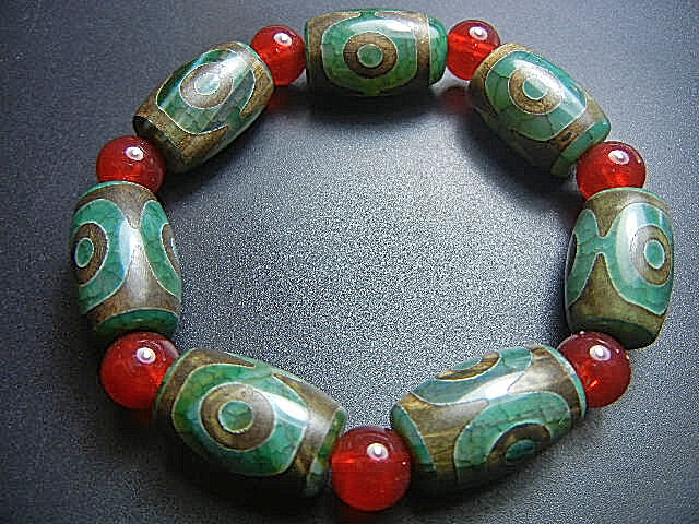 ★西蔵天珠数珠★JFV2985 緑砂龍紋 三眼天珠 数珠 14*23mm特上級 超勧め拍卖