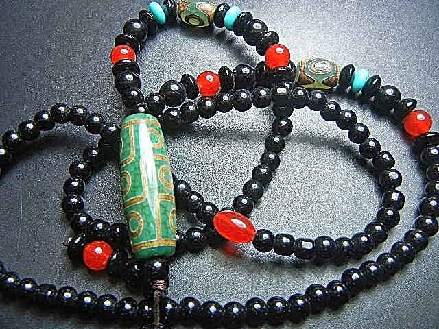 ★西蔵天珠数珠★JFV2994 緑砂龍紋 三眼天珠 数珠 13mm緑砂龍紋九眼天珠付き39.5mm ネックレス長さ約66cm入手難拍卖