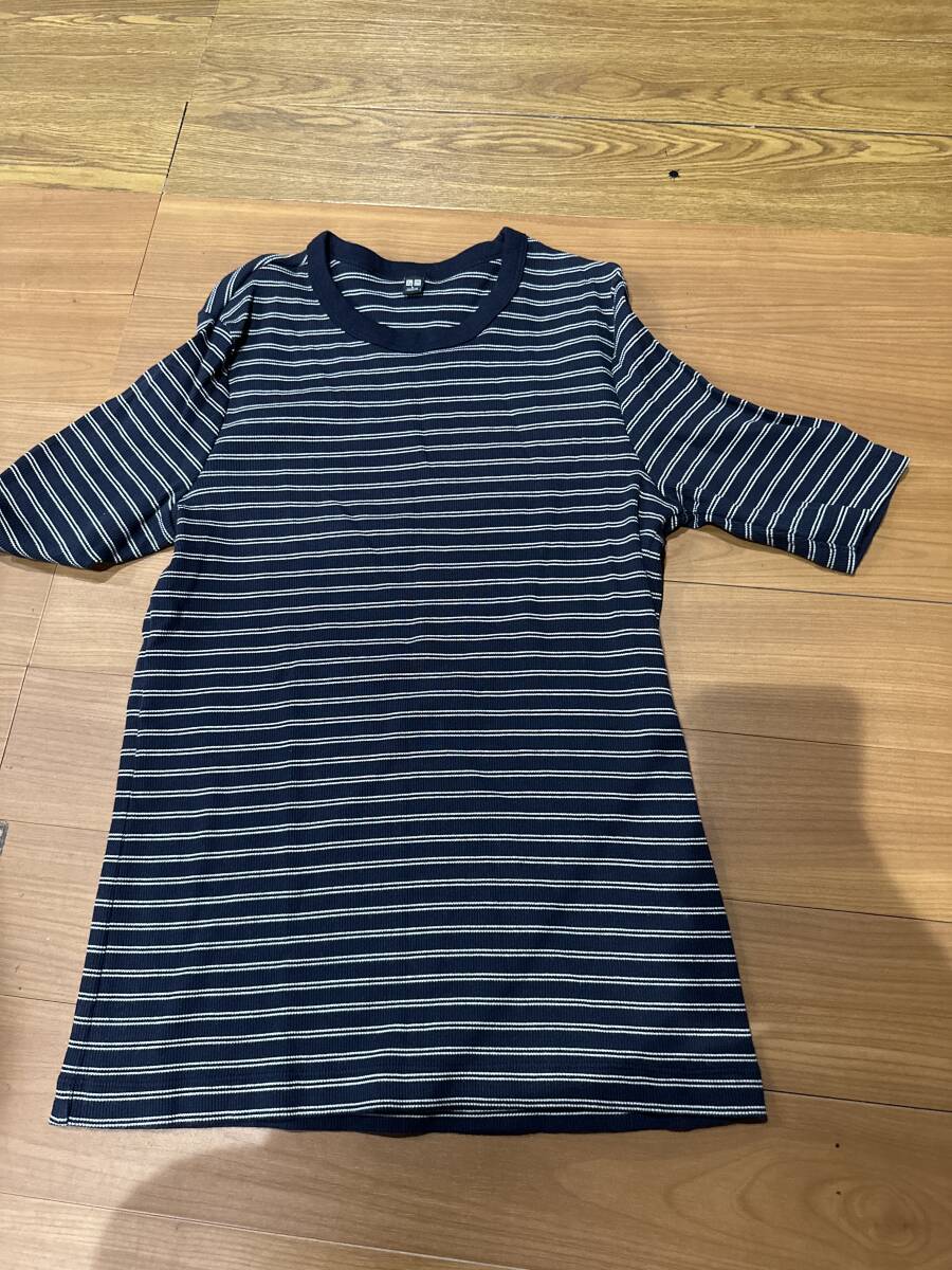 ユニクロ リブボーダーTシャツ L ネイビー拍卖