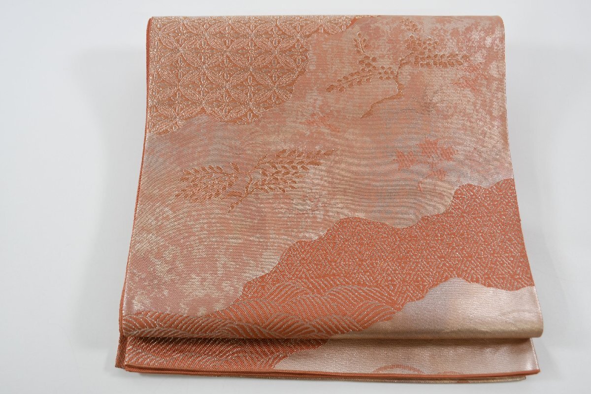 袋帯 六通柄 こはく錦 服部織物 自然文様 帯丈426cm ★着物屋 ne-9559 桜庭呉服店拍卖