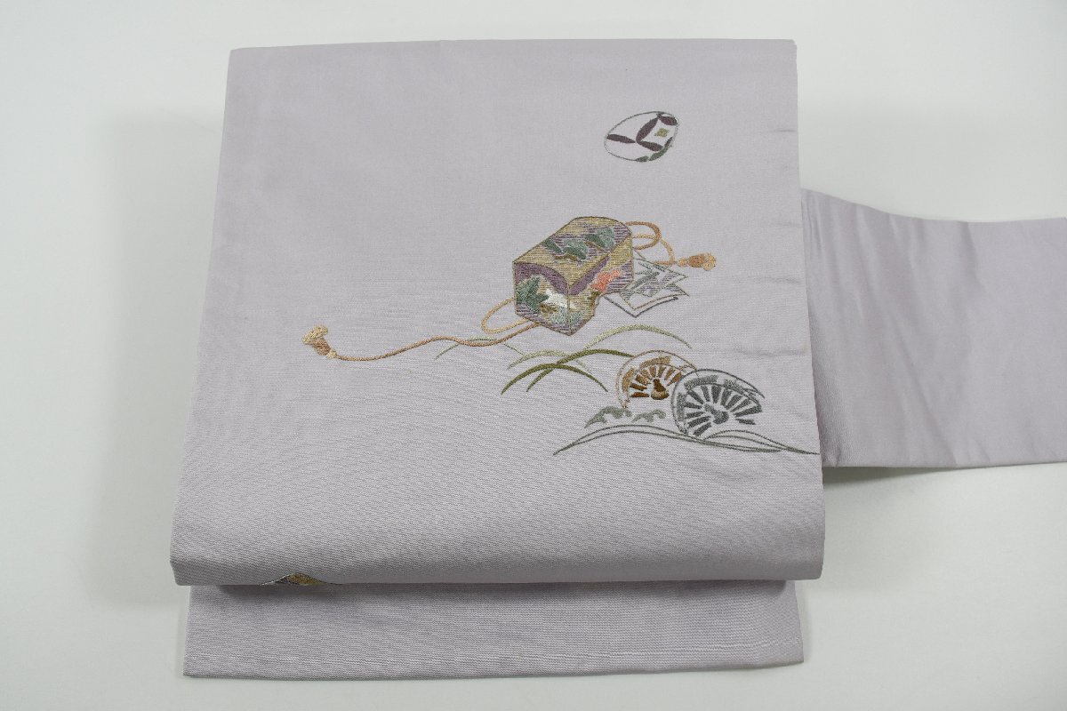名古屋帯 刺繍 箱 輪車 帯丈378cm ★着物屋 ne-9595 桜庭呉服店拍卖