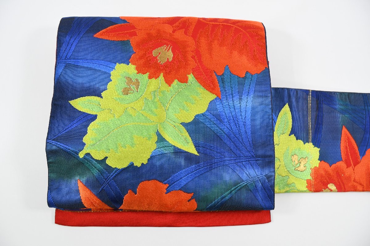 名古屋帯 花 青 帯丈358cm ★着物屋 ne-9610 桜庭呉服店拍卖