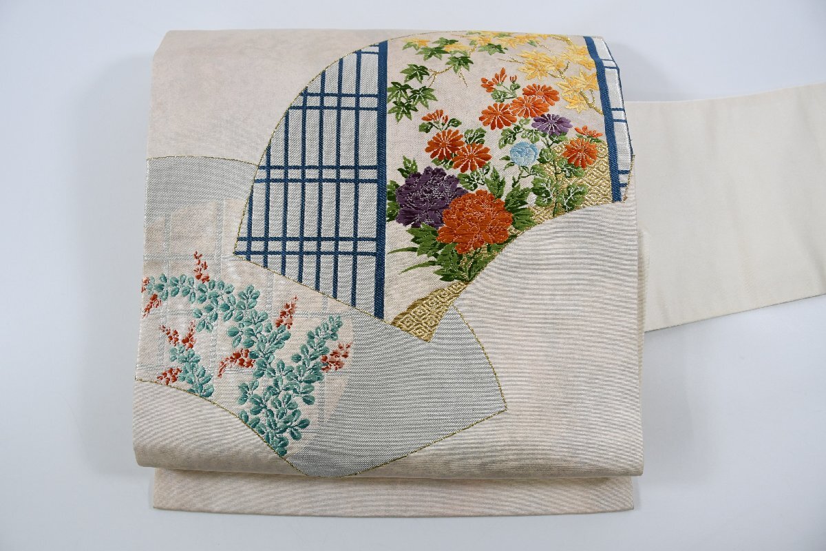 名古屋帯 秋草 花 扇面 帯丈358cm ★着物屋 ne-9619 桜庭呉服店拍卖