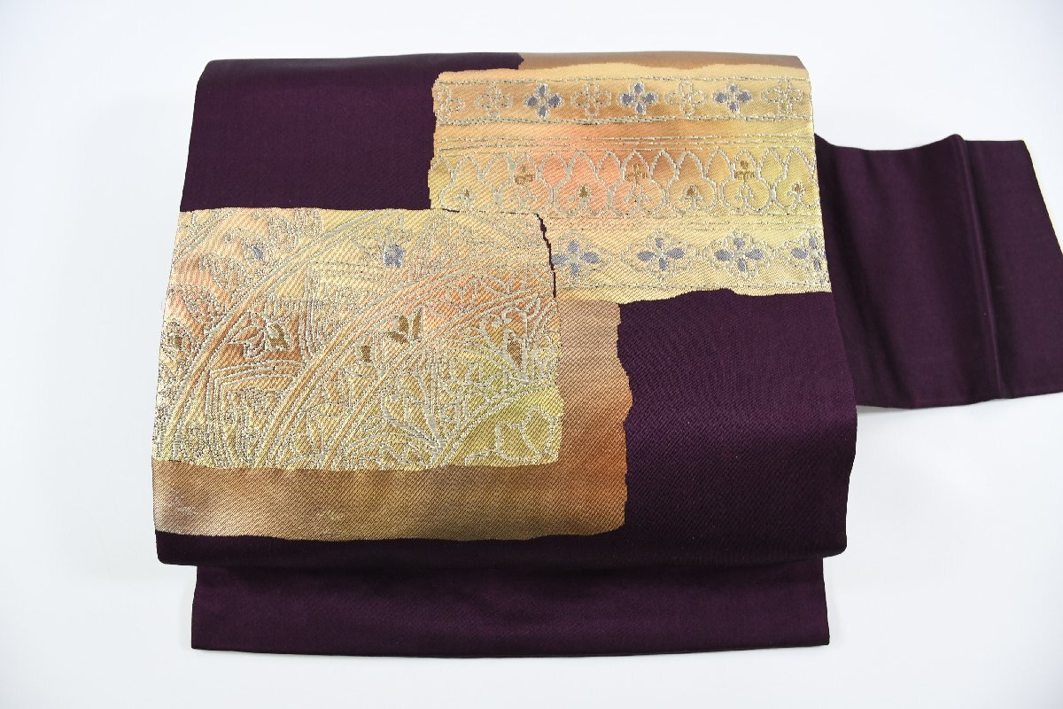 名古屋帯 幾何学模様 花 紫色 帯丈350cm ★着物屋 ne-9648 桜庭呉服店拍卖