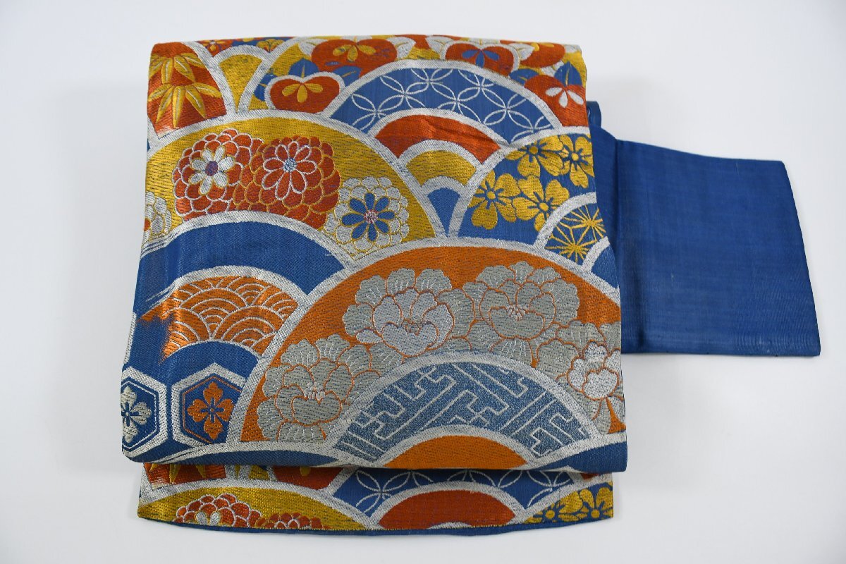 名古屋帯 アンティーク 青海波文 花 帯丈326cm ★着物屋 ne-9660 桜庭呉服店拍卖