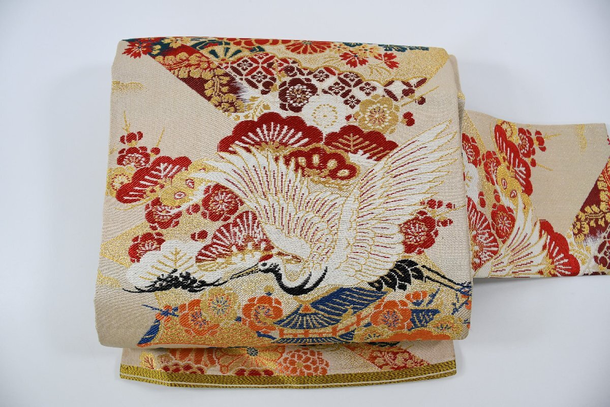 名古屋帯 アンティーク 鶴 松 梅 花 帯丈358cm ★着物屋 ne-9870 桜庭呉服店拍卖
