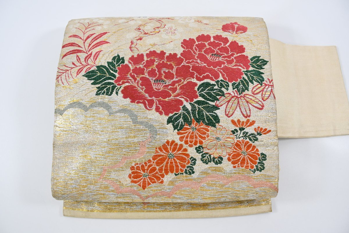 名古屋帯 アンティーク 牡丹 花 雲文 帯丈330cm ★着物屋 ne-9867 桜庭呉服店拍卖