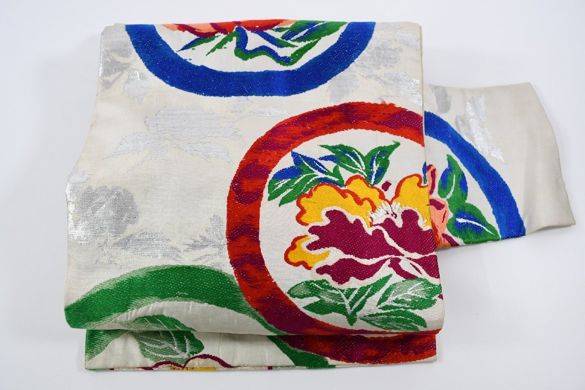 名古屋帯 アンティーク 丸文 花 帯丈338cm ★着物屋 ne-9934 桜庭呉服店拍卖