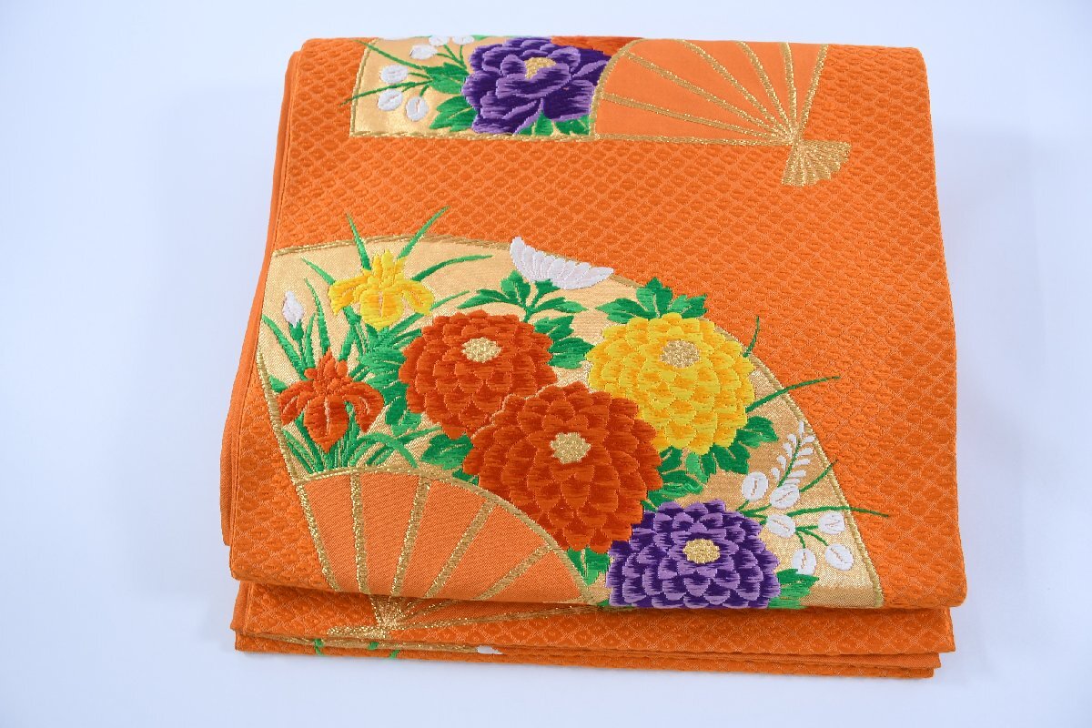 袋名古屋帯 六通柄 扇子 花 帯丈418cm ★着物屋 ne-10066 桜庭呉服店拍卖