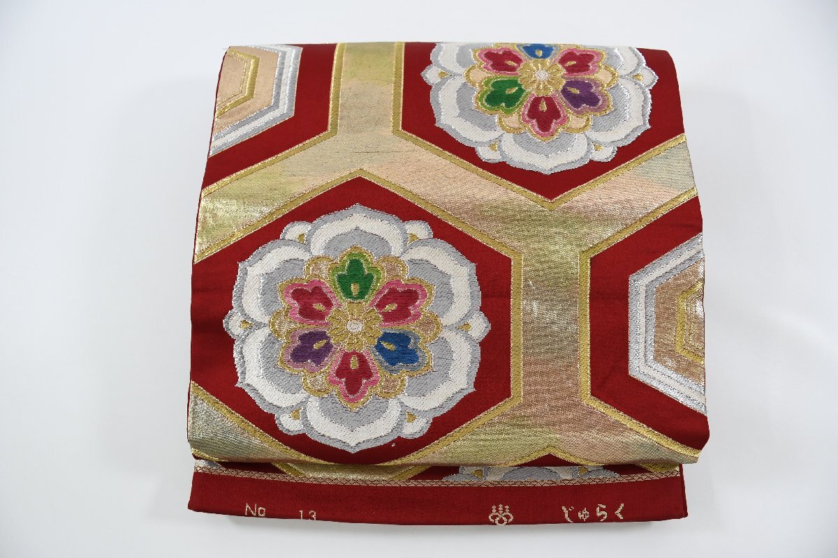 袋帯 六通柄 亀甲 花 じゅらく 帯丈426cm ★着物屋 ne-10081 桜庭呉服店拍卖